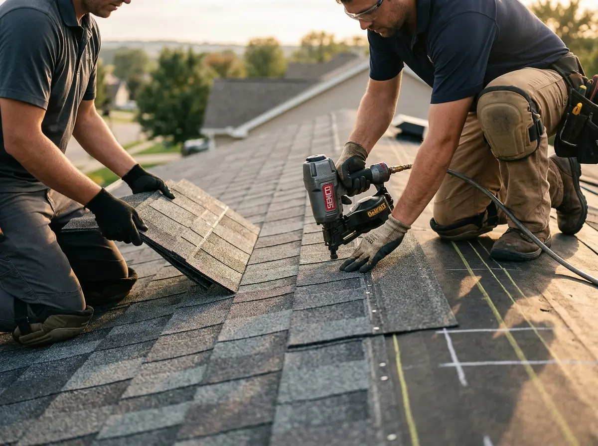 Professional roofer working on a residential roof in East Granby